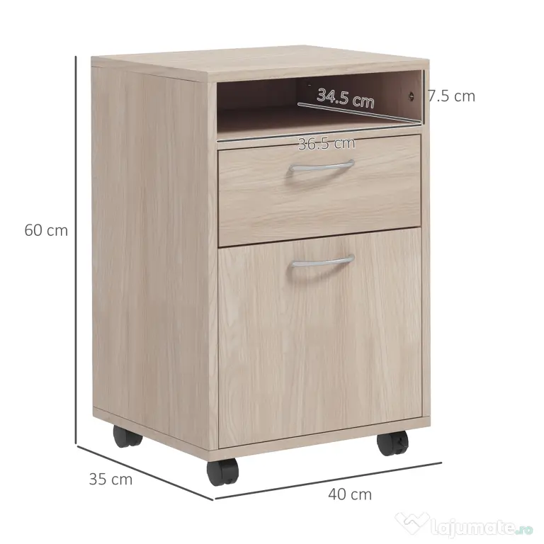 HOMCOM Dulap de Birou cu 4 Roți, Raft Deschis, 2 Sertare, Mobilier de Birou din Lemn și Metal, 40x35x60 cm, Lemn Natural | Aosom Romania