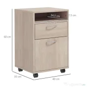 HOMCOM Dulap de Birou cu 4 Roți, Raft Deschis, 2 Sertare, Mobilier de Birou din Lemn și Metal, 40x35x60 cm, Lemn Natural | Aosom Romania 