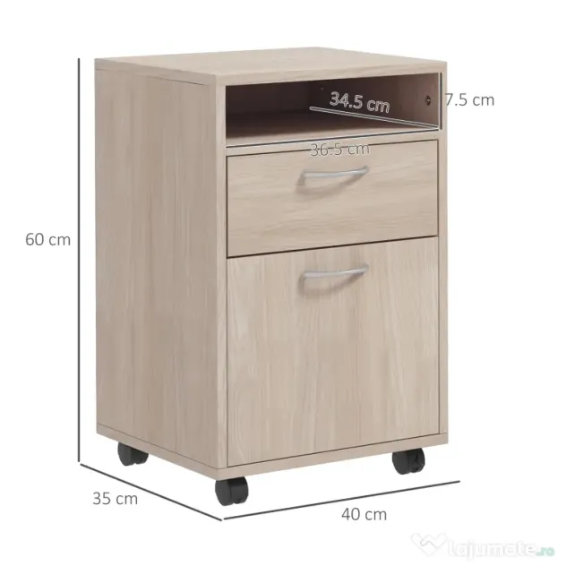 HOMCOM Dulap de Birou cu 4 Roți, Raft Deschis, 2 Sertare, Mobilier de Birou din Lemn și Metal, 40x35x60 cm, Lemn Natural | Aosom Romania