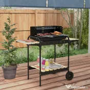 Outsunny Gratar Barbecue cu Carbune cu Inaltime Reglabila a Gratarului, Carucior Portabil pentru Gratar cu Dispozitiv de Colectare a Cenusii si Roti 