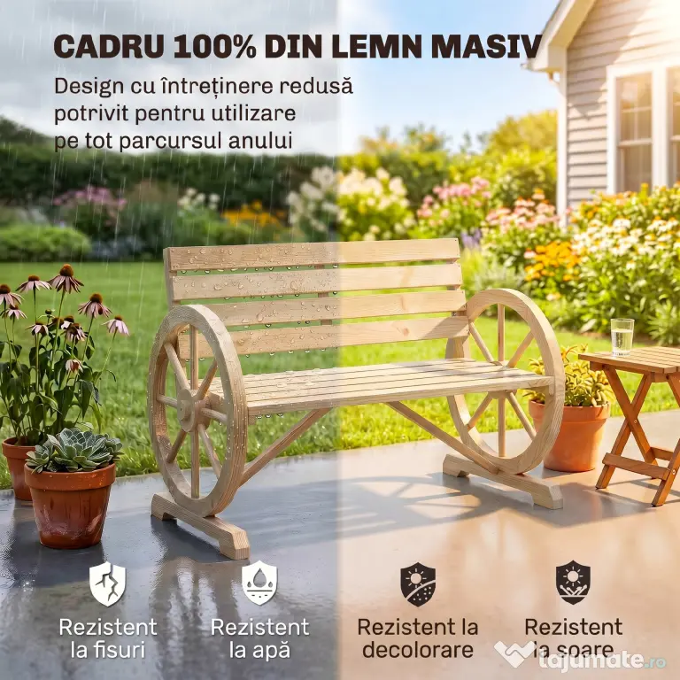 Outsunny Banca Country Fonta 127×60×85 cm – 2‑locuri cu Cotiere Rotative Neagra | Aosom Romania