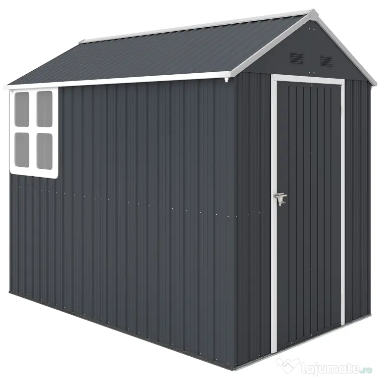 Outsunny Magazie de Grădină din Oțel Galvanizat și PP cu 4 Guri de Aerisire și Fereastră, 259x171x222 cm, Gri și Alb | Aosom Romania