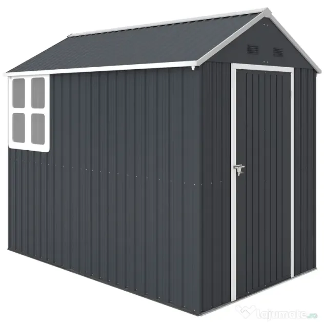Outsunny Magazie de Grădină din Oțel Galvanizat și PP cu 4 Guri de Aerisire și Fereastră, 259x171x222 cm, Gri și Alb | Aosom Romania
