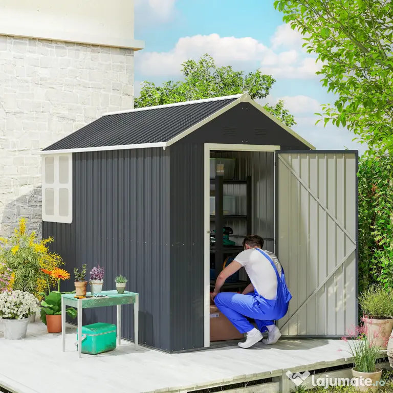 Outsunny Magazie de Grădină din Oțel Galvanizat și PP cu 4 Guri de Aerisire și Fereastră, 259x171x222 cm, Gri și Alb | Aosom Romania