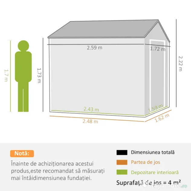 Outsunny Magazie de Grădină din Oțel Galvanizat și PP cu 4 Guri de Aerisire și Fereastră, 259x171x222 cm, Gri și Alb | Aosom Romania