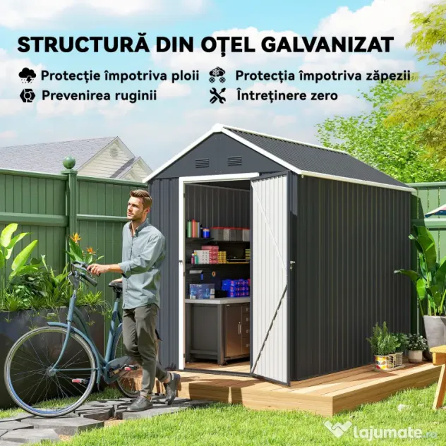 Outsunny Magazie de Grădină din Oțel Galvanizat și PP cu 4 Guri de Aerisire și Fereastră, 259x171x222 cm, Gri și Alb | Aosom Romania