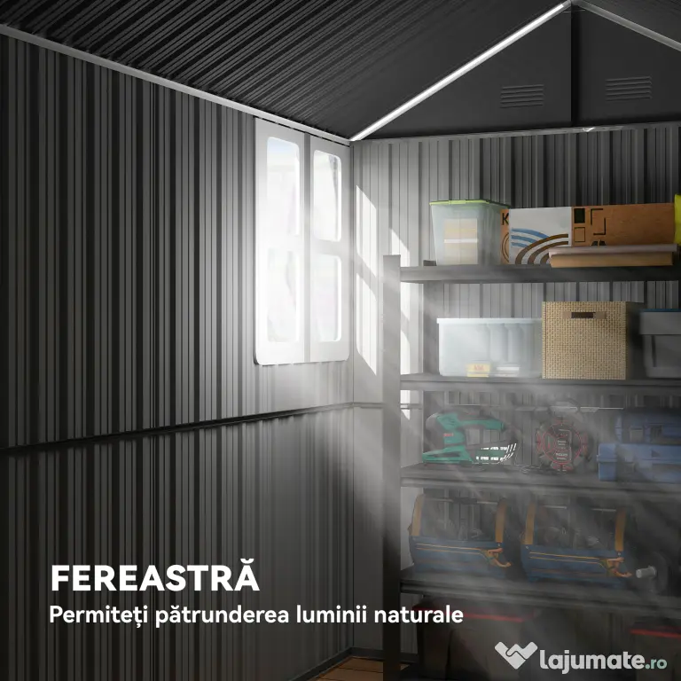 Outsunny Magazie de Grădină din Oțel Galvanizat și PP cu 4 Guri de Aerisire și Fereastră, 259x171x222 cm, Gri și Alb | Aosom Romania
