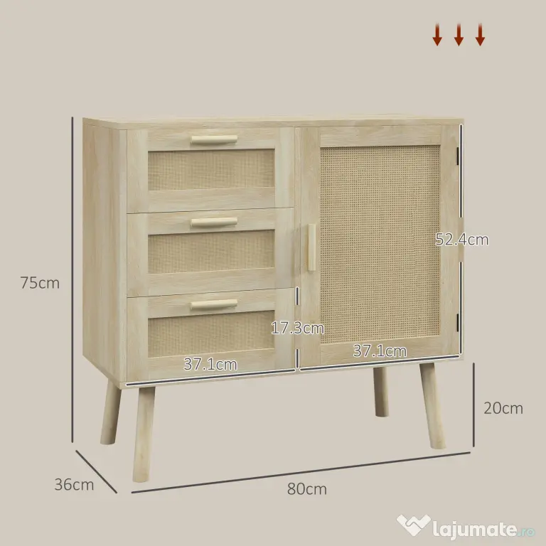 HOMCOM Dulap de depozitare Boho cu 3 sertare, elemente decorative | Aosom Romania