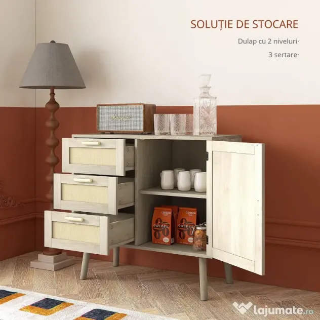 HOMCOM Dulap de depozitare Boho cu 3 sertare, elemente decorative | Aosom Romania