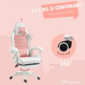 Vinsetto Scaun de Gaming Ergonomic cu Urechi de Iepure și Suport pentru Picioare Extensibil, 65x63x136-142 cm, Roz | Aosom Romania 