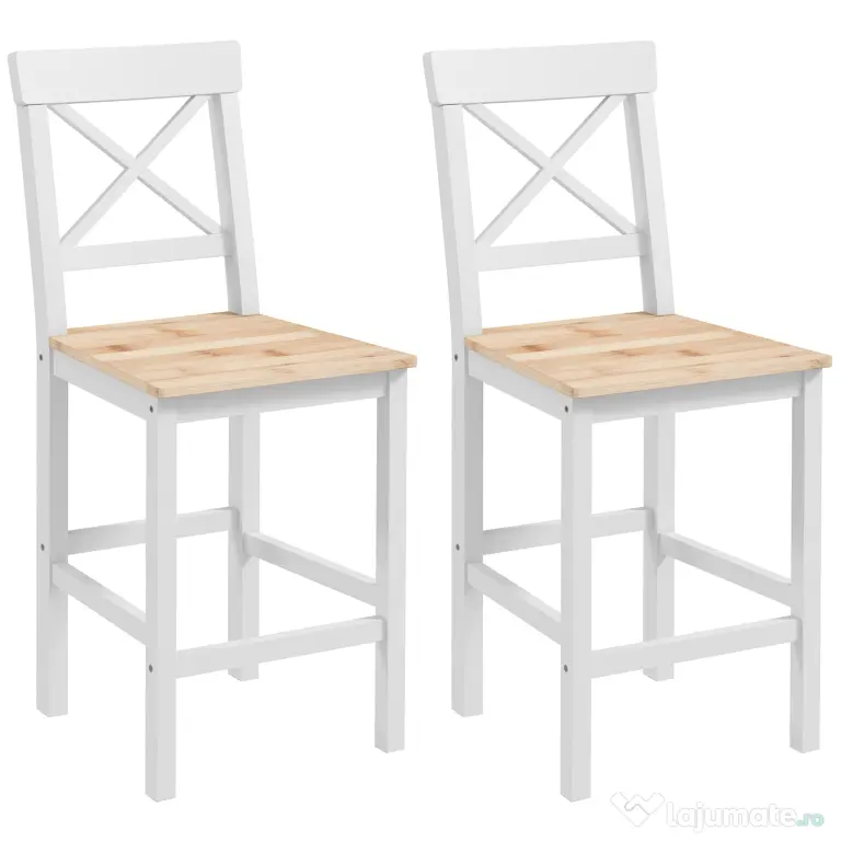 HOMCOM Set de 2 Taburete de Bar, Taburete de Bucătărie Înaltă cu Spătar Înalt, Suporturi pentru Picioare, din Lemn de Pin, Natural și Alb | Aosom Romania