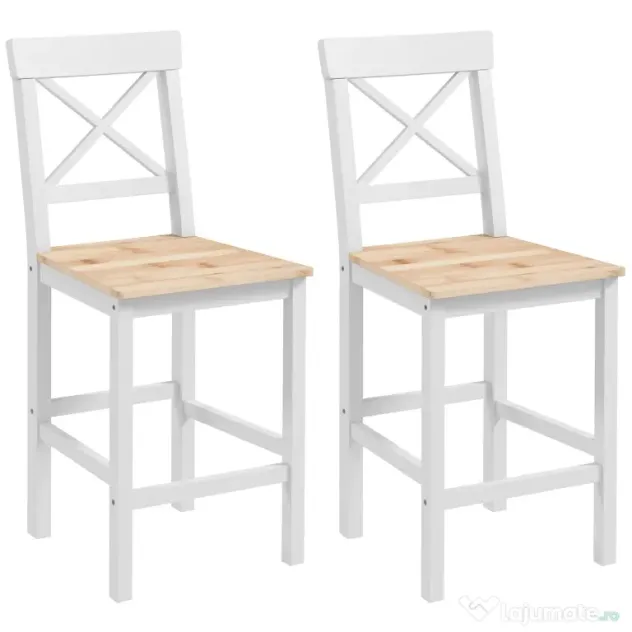 HOMCOM Set de 2 Taburete de Bar, Taburete de Bucătărie Înaltă cu Spătar Înalt, Suporturi pentru Picioare, din Lemn de Pin, Natural și Alb | Aosom Romania