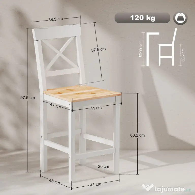 HOMCOM Set de 2 Taburete de Bar, Taburete de Bucătărie Înaltă cu Spătar Înalt, Suporturi pentru Picioare, din Lemn de Pin, Natural și Alb | Aosom Romania