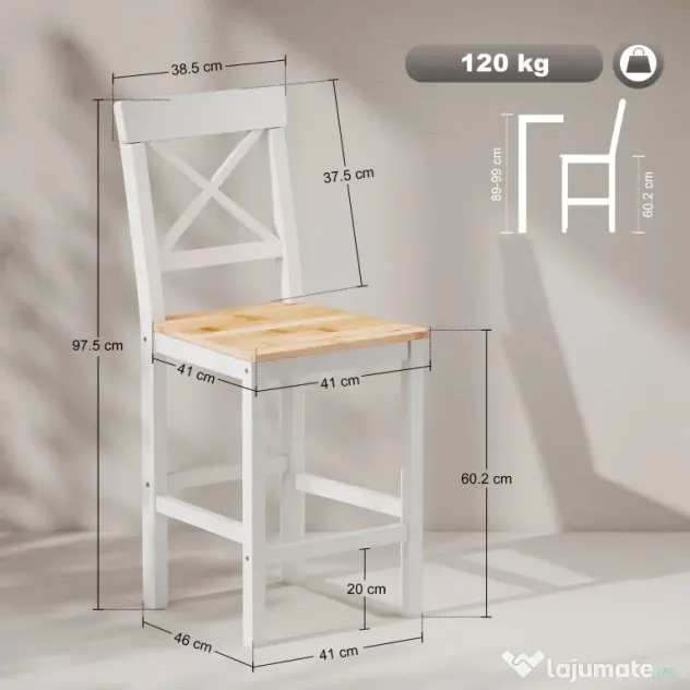 HOMCOM Set de 2 Taburete de Bar, Taburete de Bucătărie Înaltă cu Spătar Înalt, Suporturi pentru Picioare, din Lemn de Pin, Natural și Alb | Aosom Romania