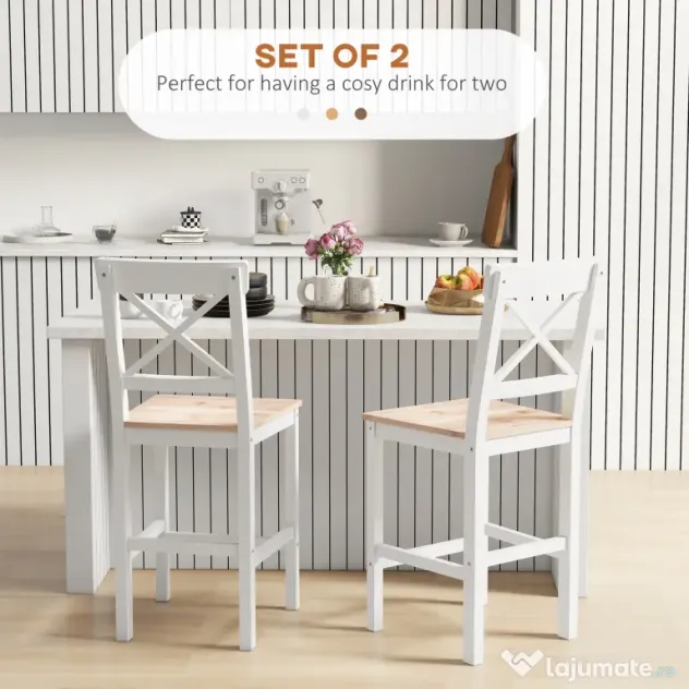 HOMCOM Set de 2 Taburete de Bar, Taburete de Bucătărie Înaltă cu Spătar Înalt, Suporturi pentru Picioare, din Lemn de Pin, Natural și Alb | Aosom Romania