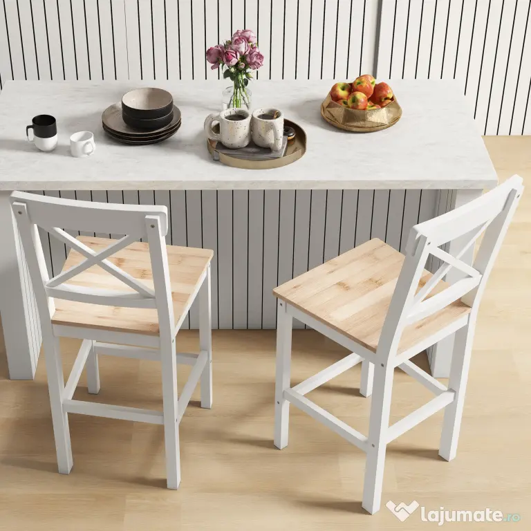 HOMCOM Set de 2 Taburete de Bar, Taburete de Bucătărie Înaltă cu Spătar Înalt, Suporturi pentru Picioare, din Lemn de Pin, Natural și Alb | Aosom Romania