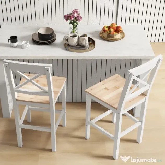 HOMCOM Set de 2 Taburete de Bar, Taburete de Bucătărie Înaltă cu Spătar Înalt, Suporturi pentru Picioare, din Lemn de Pin, Natural și Alb | Aosom Romania