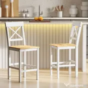 HOMCOM Set de 2 Taburete de Bar, Taburete de Bucătărie Înaltă cu Spătar Înalt, Suporturi pentru Picioare, din Lemn de Pin, Natural și Alb | Aosom Romania