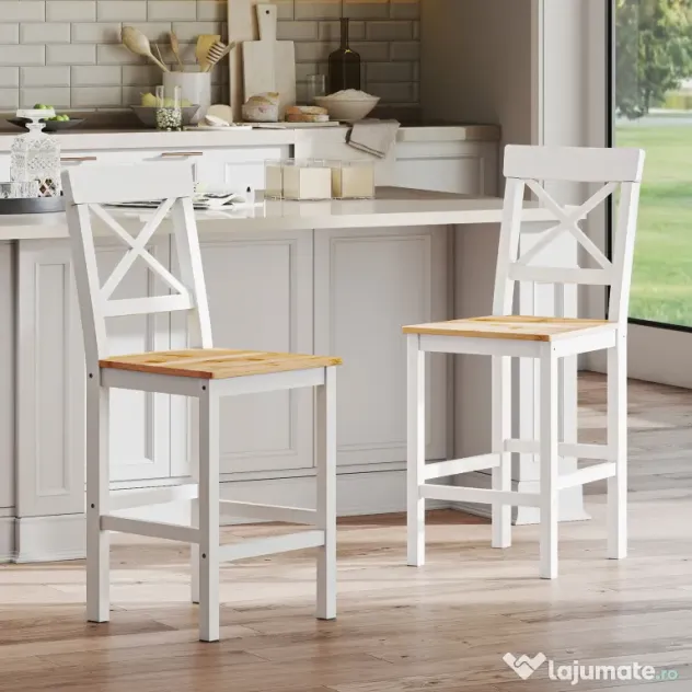 HOMCOM Set de 2 Taburete de Bar, Taburete de Bucătărie Înaltă cu Spătar Înalt, Suporturi pentru Picioare, din Lemn de Pin, Natural și Alb | Aosom Romania