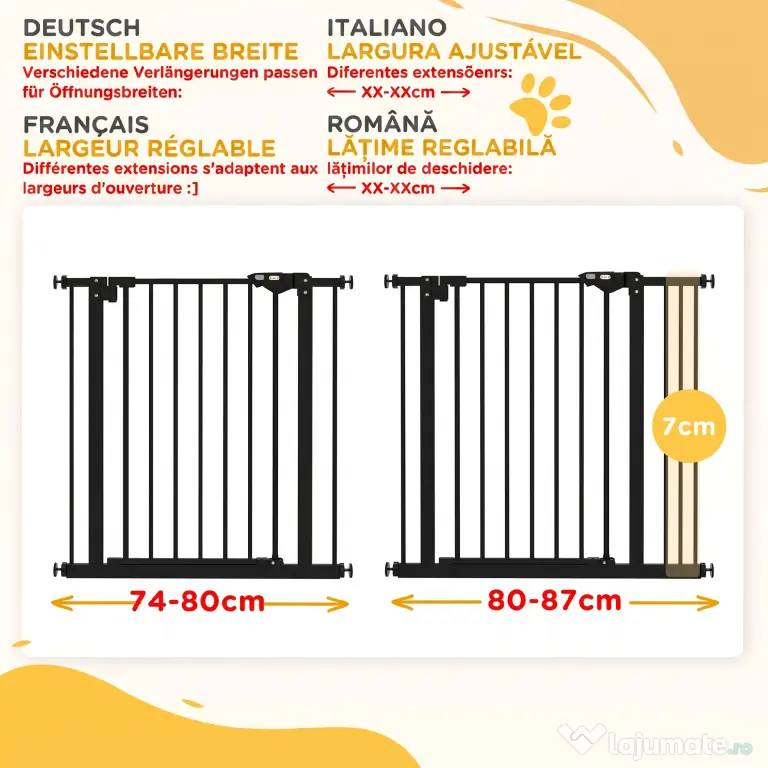 PawHut Poartă de Siguranță pentru Câini cu 2 Extensii, Lățime Reglabilă și Închidere Automată, 74-87x77 cm, Negru | Aosom Romania