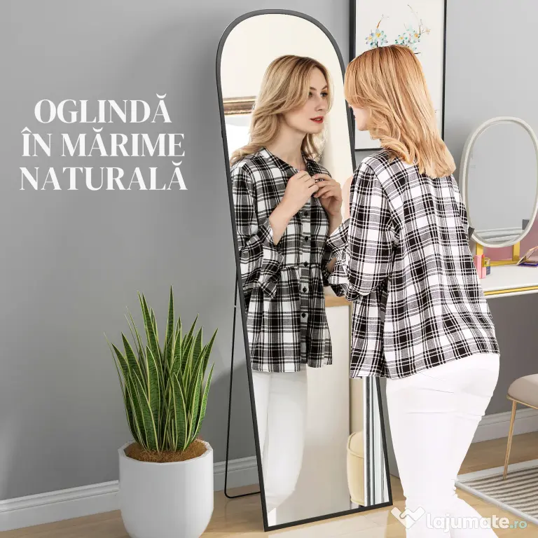 HOMCOM Oglindă de podea și perete modernă din aliaj de aluminiu cu suport pliabil, 50x170 cm, negru