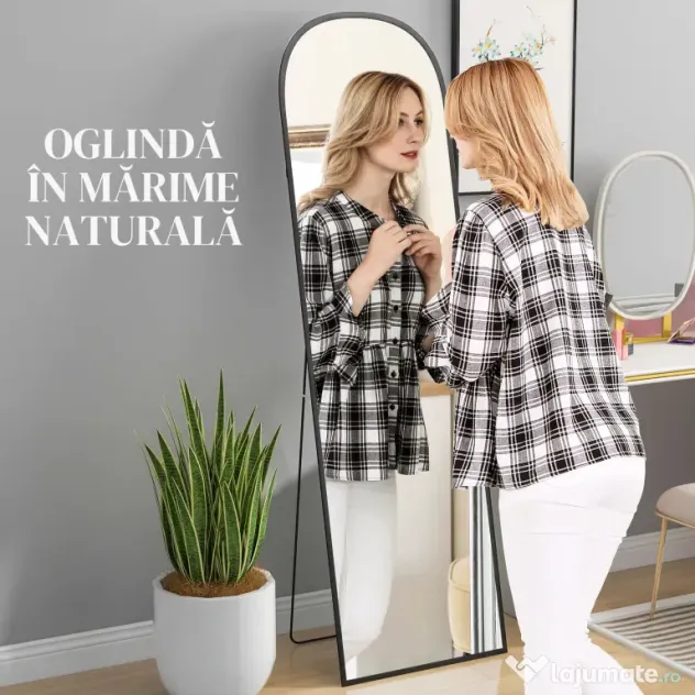 HOMCOM Oglindă de podea și perete modernă din aliaj de aluminiu cu suport pliabil, 50x170 cm, negru