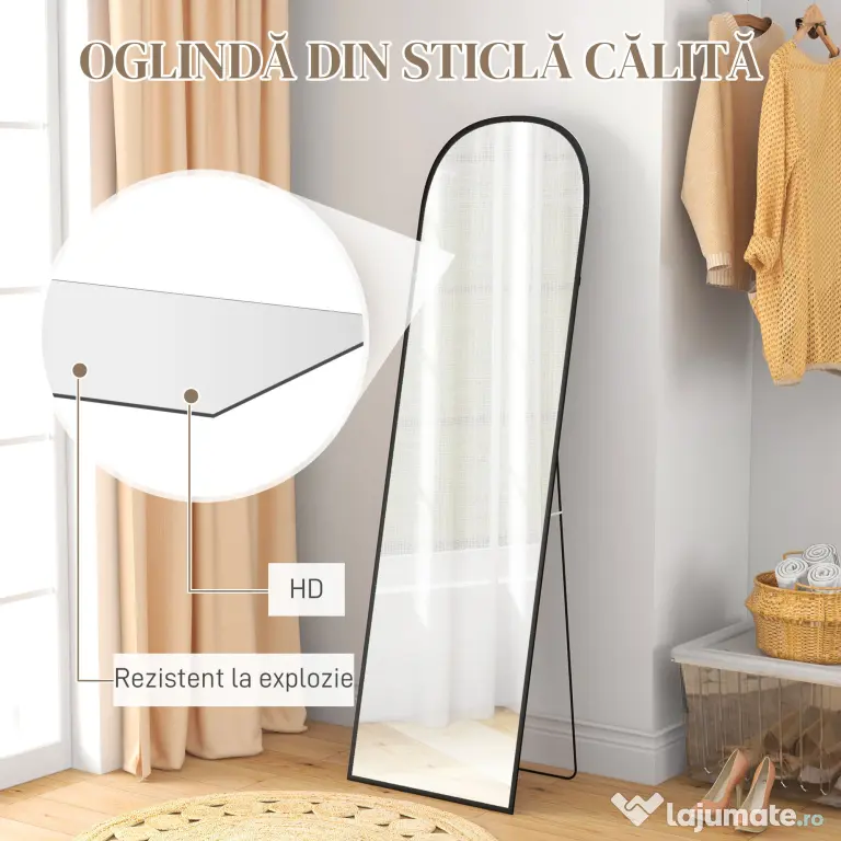 HOMCOM Oglindă de podea și perete modernă din aliaj de aluminiu cu suport pliabil, 50x170 cm, negru
