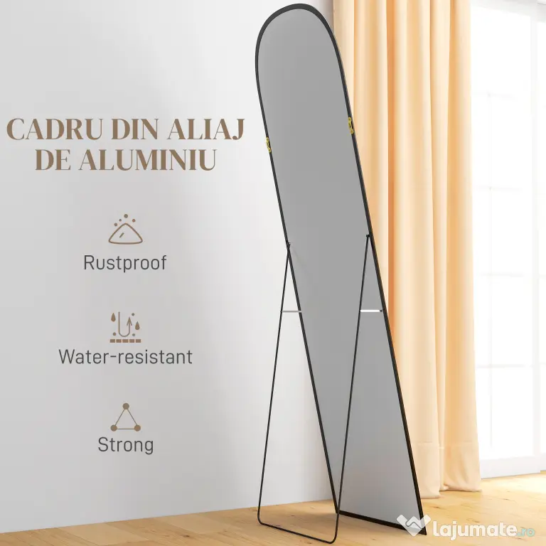 HOMCOM Oglindă de podea și perete modernă din aliaj de aluminiu cu suport pliabil, 50x170 cm, negru