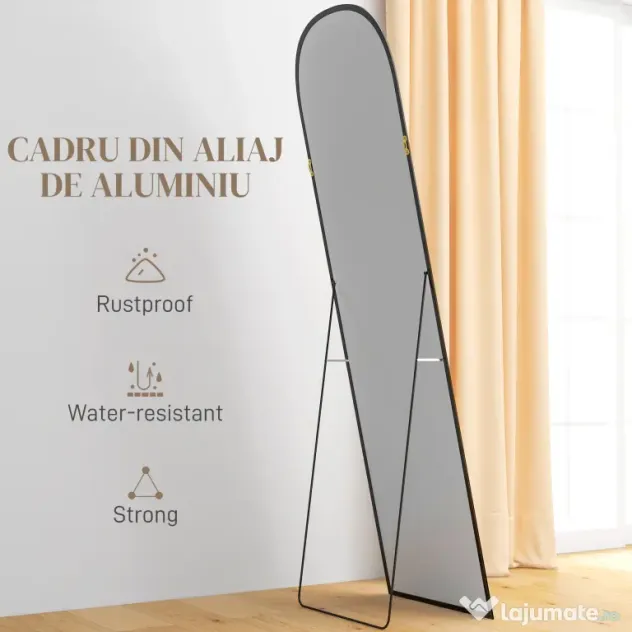 HOMCOM Oglindă de podea și perete modernă din aliaj de aluminiu cu suport pliabil, 50x170 cm, negru