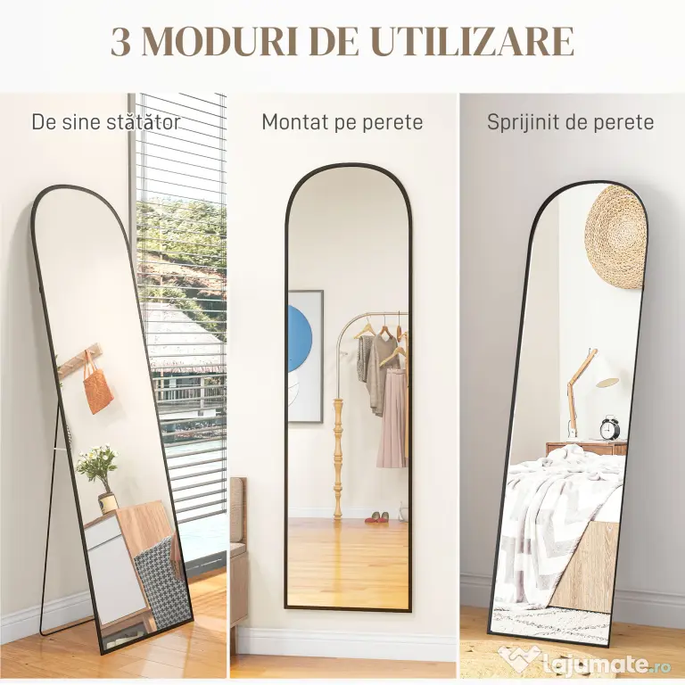 HOMCOM Oglindă de podea și perete modernă din aliaj de aluminiu cu suport pliabil, 50x170 cm, negru