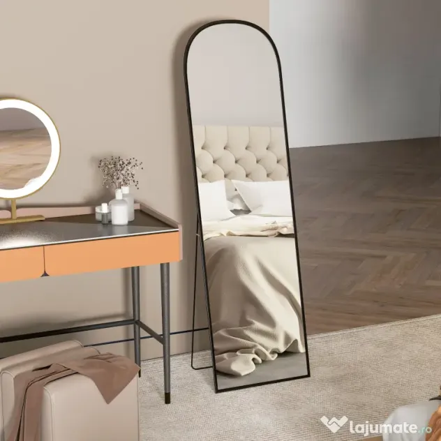 HOMCOM Oglindă de podea și perete modernă din aliaj de aluminiu cu suport pliabil, 50x170 cm, negru
