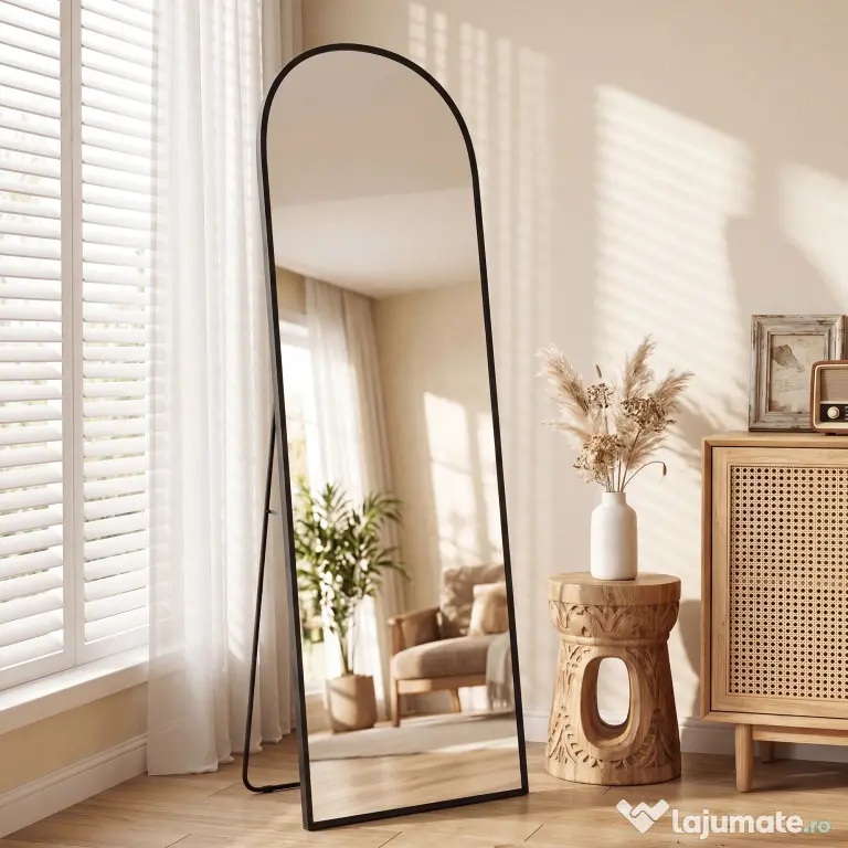 HOMCOM Oglindă de podea și perete modernă din aliaj de aluminiu cu suport pliabil, 50x170 cm, negru