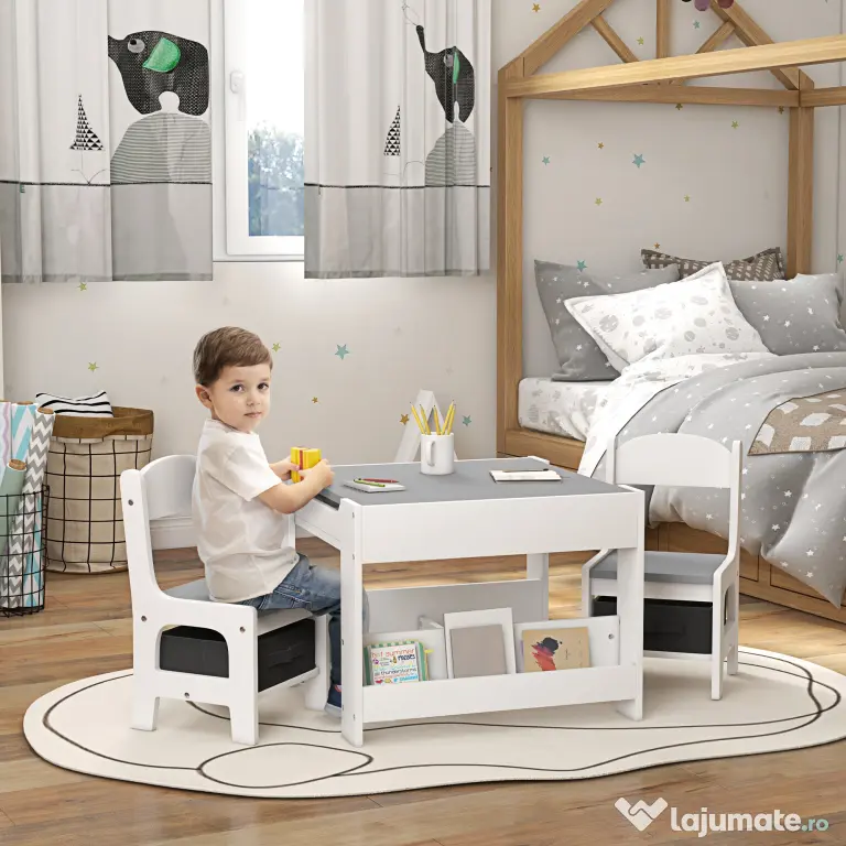 HOMCOM Set de Masă și Scaun pentru Copii, Set de Birou și Scaun pentru Copii 2-în-1 cu Tablă și Rafturi pentru Cărți, 61.5x61.5x48 cm, Gri | Aosom Romania