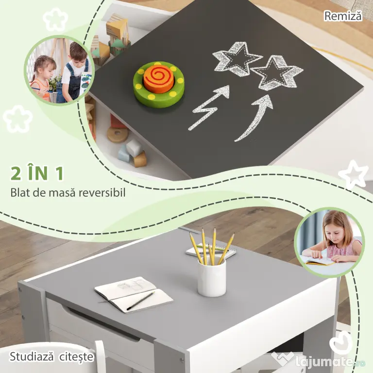 HOMCOM Set de Masă și Scaun pentru Copii, Set de Birou și Scaun pentru Copii 2-în-1 cu Tablă și Rafturi pentru Cărți, 61.5x61.5x48 cm, Gri | Aosom Romania