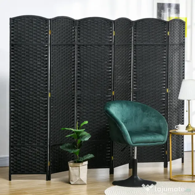 HOMCOM Paravan Despărțitor Interior Pliabil cu 6 Panouri Întrețesute, 240x170 cm, Negru | Aosom Romania