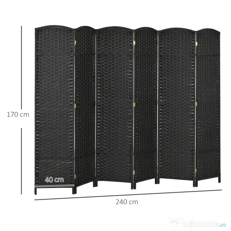 HOMCOM Paravan Despărțitor Interior Pliabil cu 6 Panouri Întrețesute, 240x170 cm, Negru | Aosom Romania