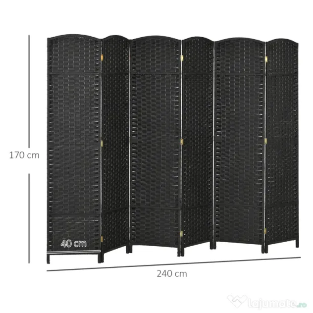 HOMCOM Paravan Despărțitor Interior Pliabil cu 6 Panouri Întrețesute, 240x170 cm, Negru | Aosom Romania
