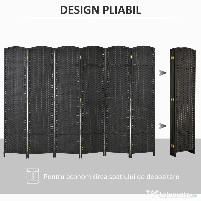 HOMCOM Paravan Despărțitor Interior Pliabil cu 6 Panouri Întrețesute, 240x170 cm, Negru | Aosom Romania
