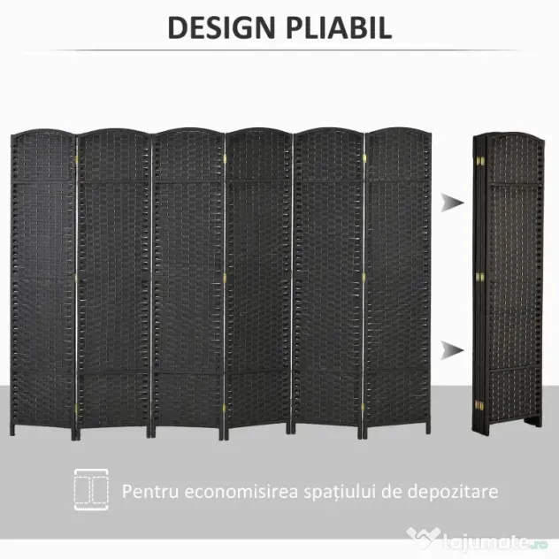 HOMCOM Paravan Despărțitor Interior Pliabil cu 6 Panouri Întrețesute, 240x170 cm, Negru | Aosom Romania
