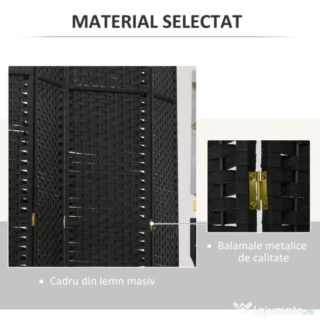 HOMCOM Paravan Despărțitor Interior Pliabil cu 6 Panouri Întrețesute, 240x170 cm, Negru | Aosom Romania