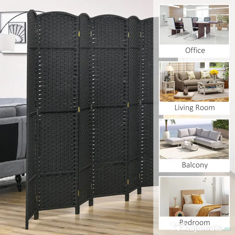 HOMCOM Paravan Despărțitor Interior Pliabil cu 6 Panouri Întrețesute, 240x170 cm, Negru | Aosom Romania