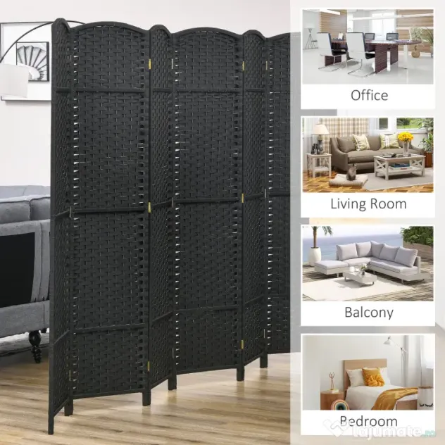 HOMCOM Paravan Despărțitor Interior Pliabil cu 6 Panouri Întrețesute, 240x170 cm, Negru | Aosom Romania