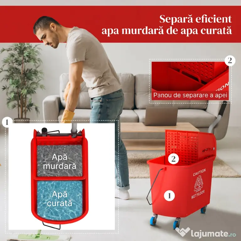 HOMCOM Găleată pentru Mop de 20L cu Roți, Panou de Separare a Apei - Albastru