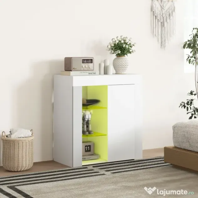 HOMCOM Dulap pentru Sufragerie cu Lumini LED, 3 Rafturi Deschise și un Dulăpior cu 2 Niveluri, 75x40,1x83 cm, Alb | Aosom Romania