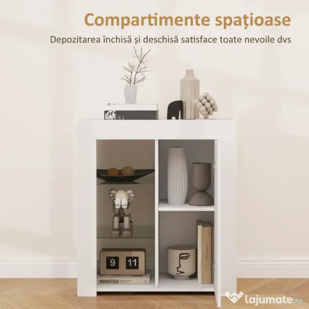 HOMCOM Dulap pentru Sufragerie cu Lumini LED, 3 Rafturi Deschise și un Dulăpior cu 2 Niveluri, 75x40,1x83 cm, Alb | Aosom Romania