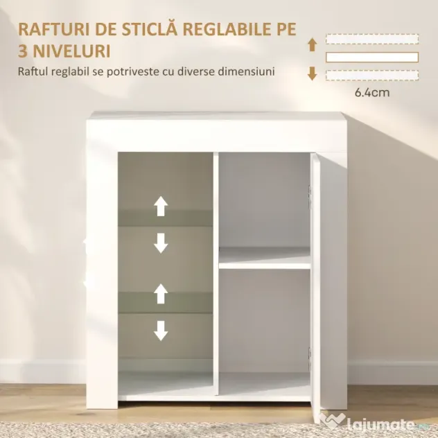 HOMCOM Dulap pentru Sufragerie cu Lumini LED, 3 Rafturi Deschise și un Dulăpior cu 2 Niveluri, 75x40,1x83 cm, Alb | Aosom Romania