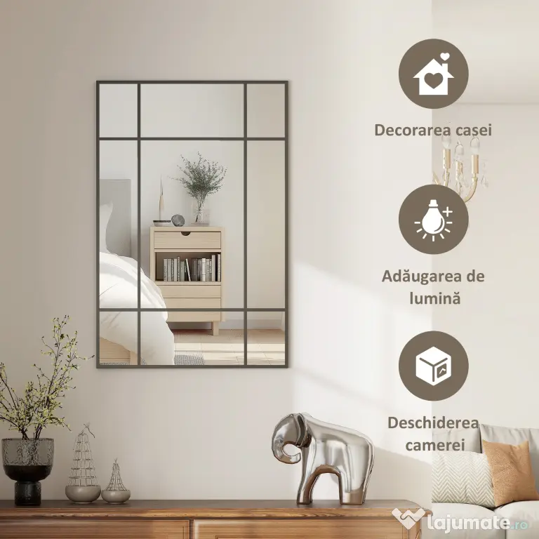 Homcom Oglinda Perete – Dreptunghiulara cu Cadru Metalic Stil Fereastra