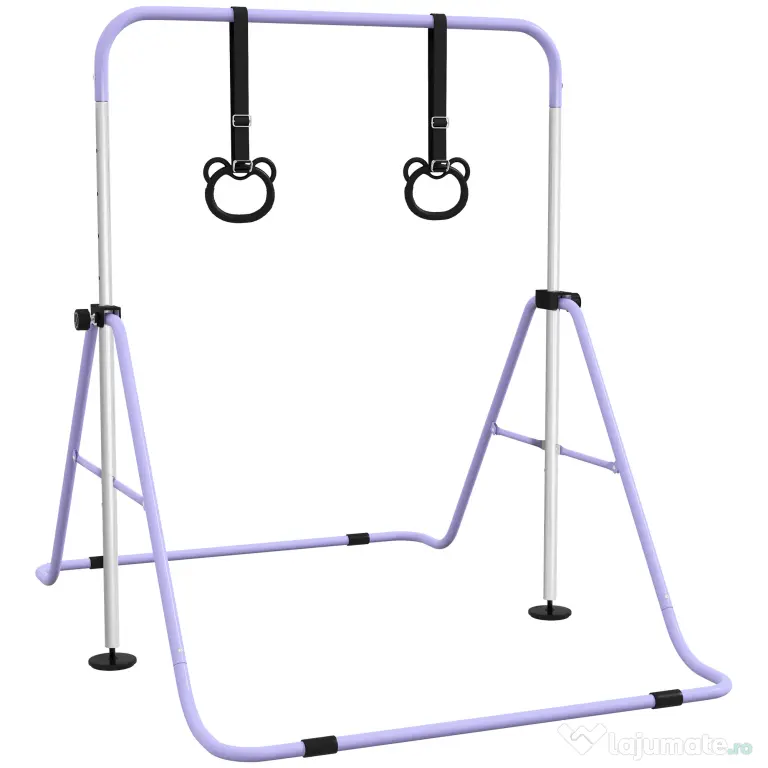 HOMCOM Bară Gimnastică Artistică pentru Copii Reglabilă cu 2 Inele, din Oțel, 148x105x88-128 cm, Mov | Aosom Romania