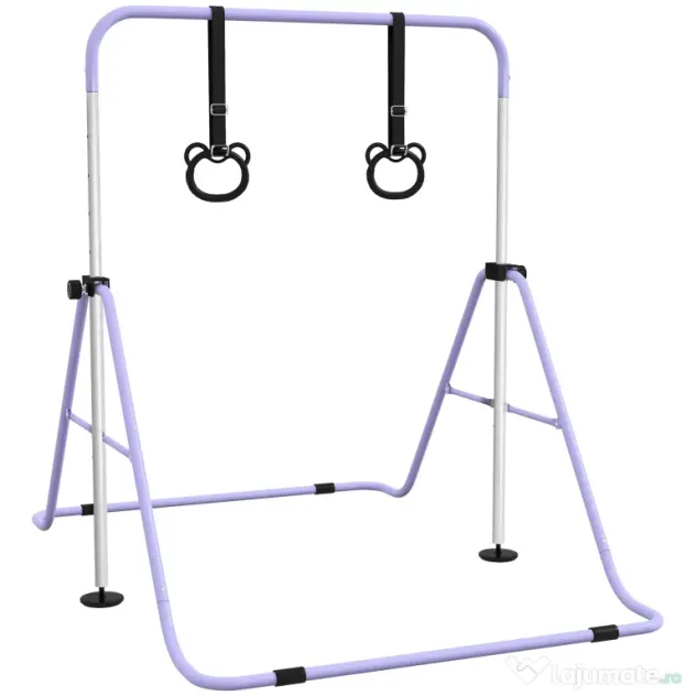 HOMCOM Bară Gimnastică Artistică pentru Copii Reglabilă cu 2 Inele, din Oțel, 148x105x88-128 cm, Mov | Aosom Romania