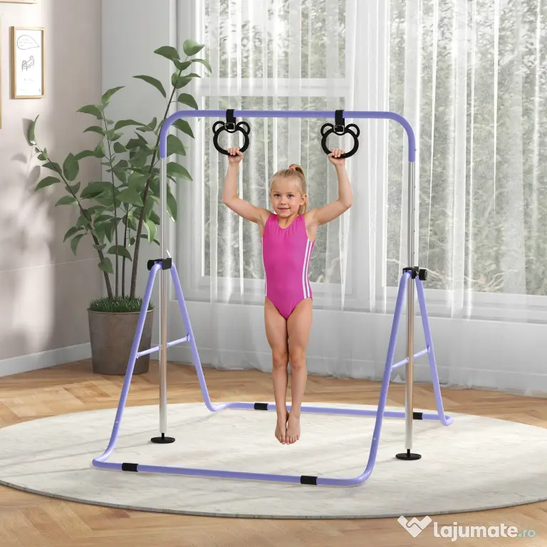 HOMCOM Bară Gimnastică Artistică pentru Copii Reglabilă cu 2 Inele, din Oțel, 148x105x88-128 cm, Mov | Aosom Romania